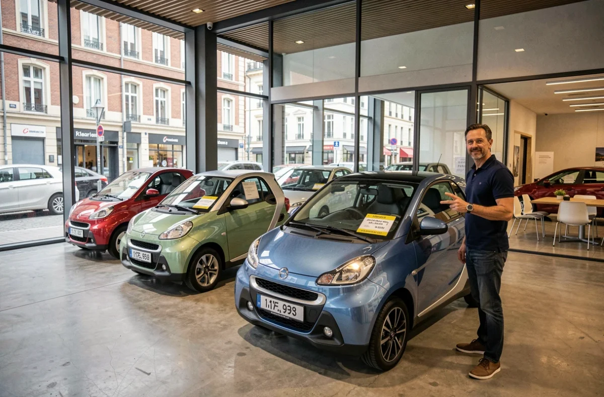 Concessionnaire de voitures sans permis à Bordeaux avec plusieurs modèles exposés en showroom et vendeur professionnel