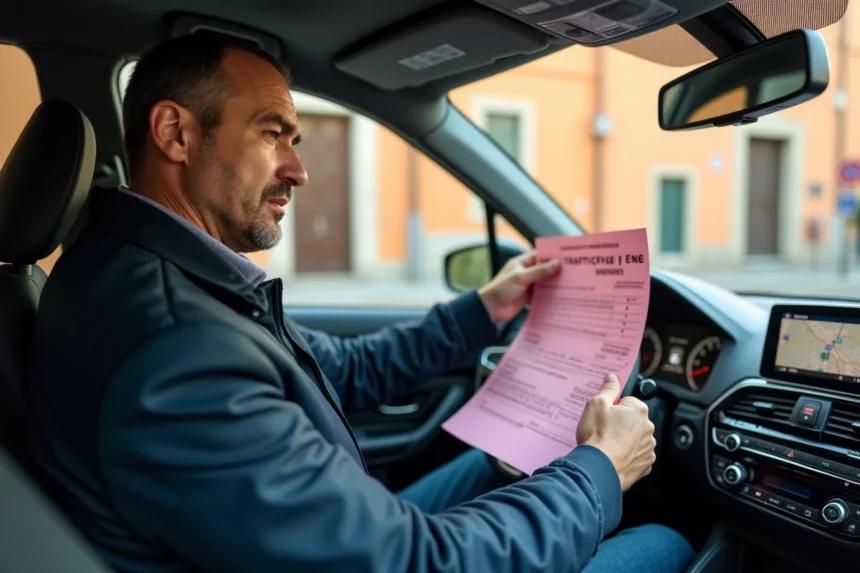 Conducteur tenant une amende de circulation italienne dans une voiture de location en Italie