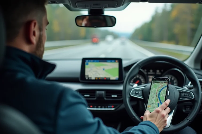 Conducteur consultant une carte des autoroutes françaises sur smartphone monté dans une voiture en déplacement