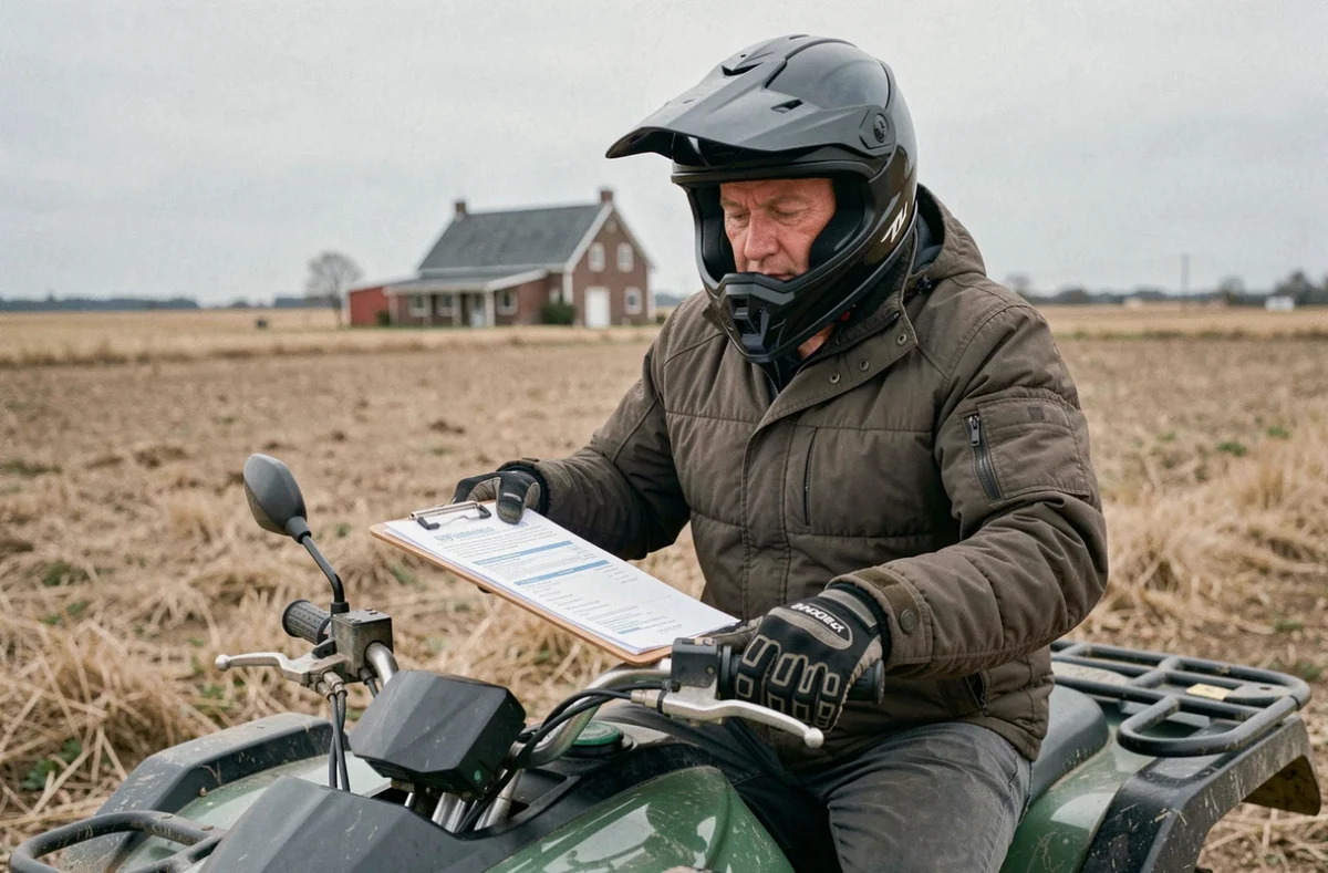 Homme équipé en tenue de motocross assis sur un quad 500cc en milieu rural, consultant des documents d'assurance