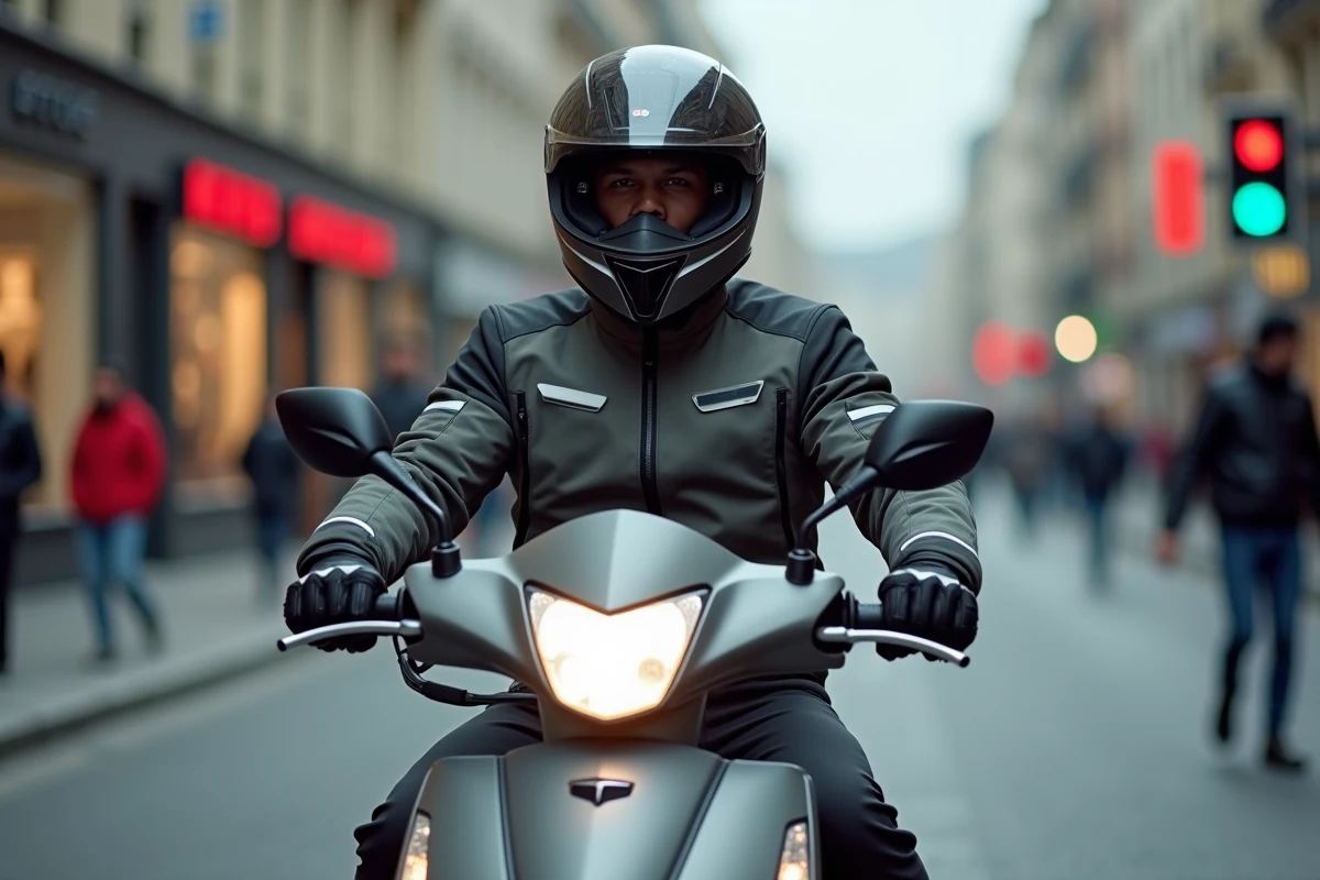 Jeune conducteur équipé sur un scooter Honda 125 en ville avec casque et blouson