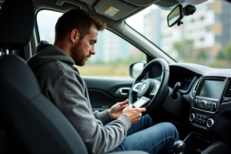 Homme moyenâgeux utilisant un scanner OBD dans une voiture Renault