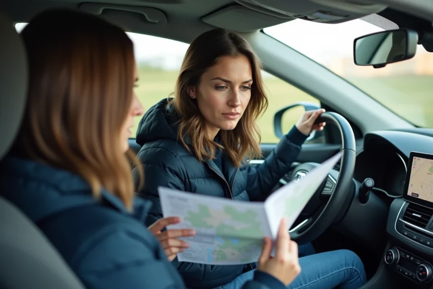 Conductrice consultant une carte routière papier dans sa voiture sur l'autoroute française