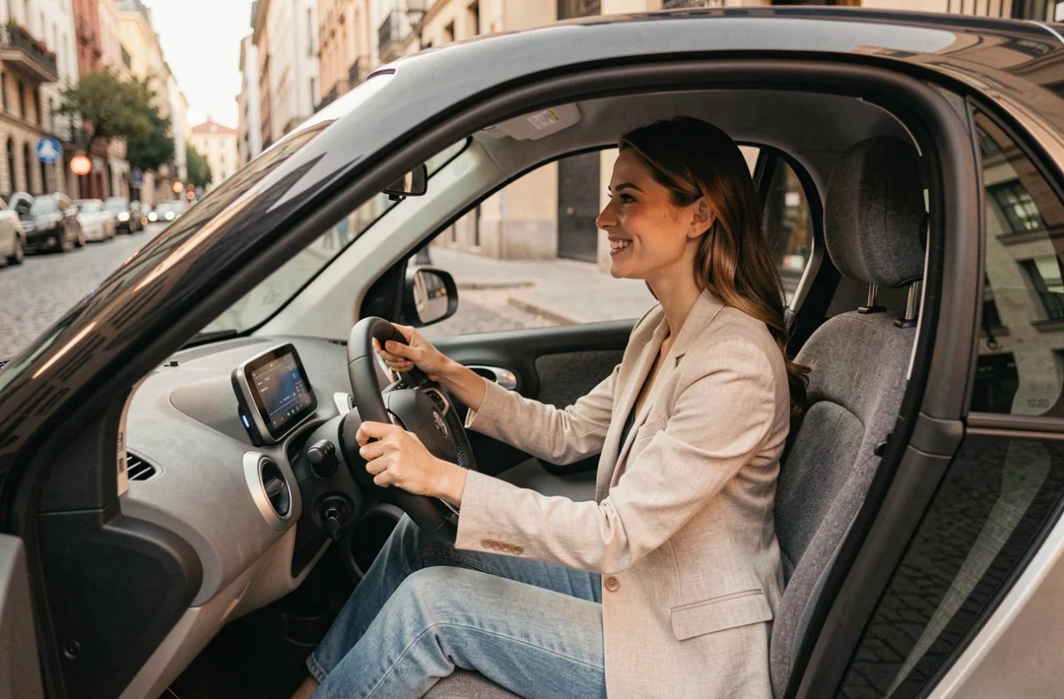 Jeune femme conduisant une voiture sans permis dans Bordeaux, intérieur moderne et tableau de bord compact