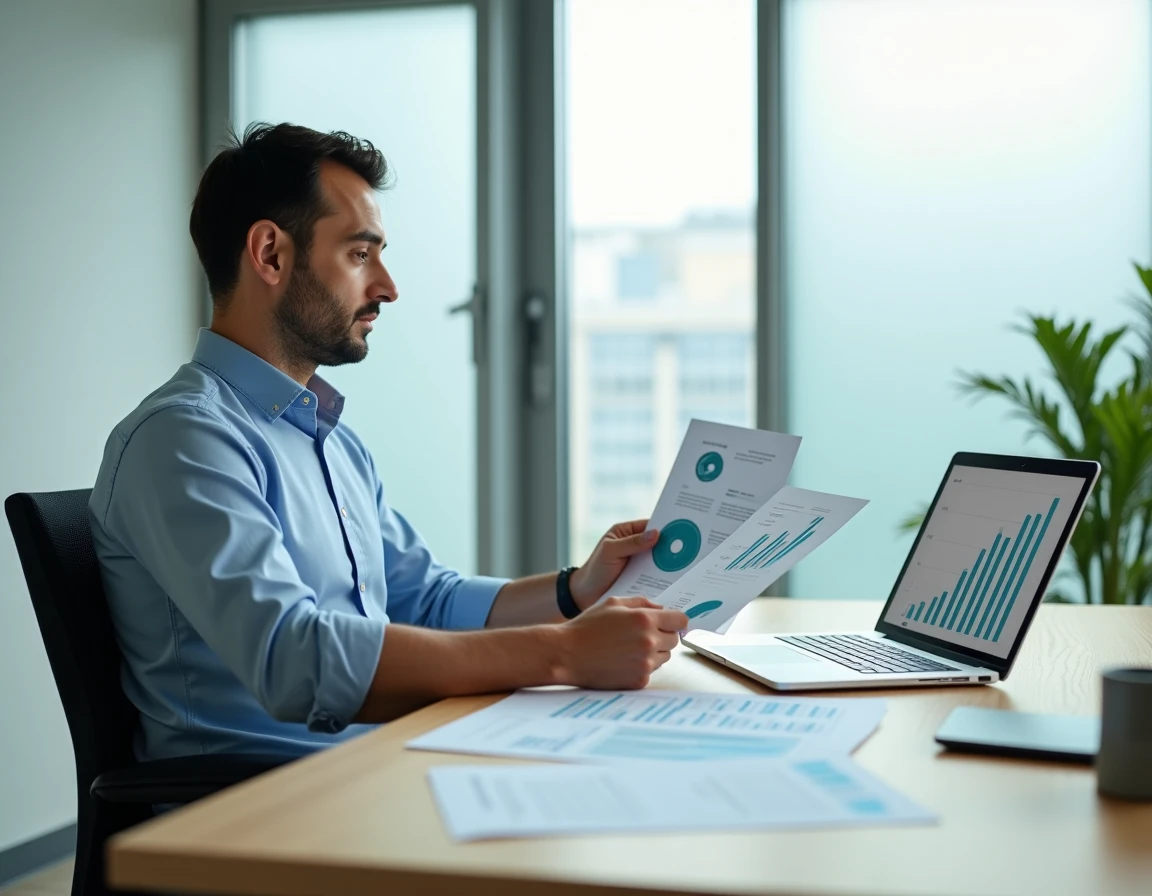 Conseiller financier analysant des graphiques de décote et de valeur de revente d'une voiture hybride