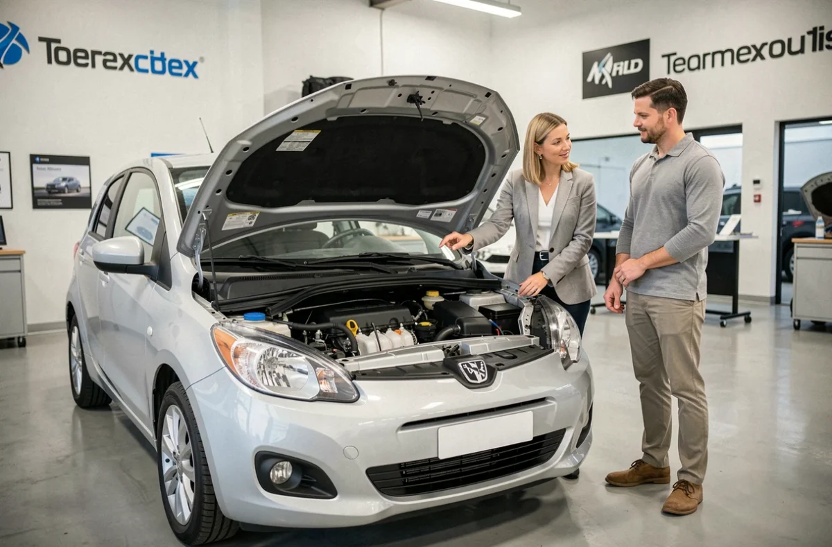 Conseillère après-vente et propriétaire discutant de l'entretien d'un moteur TSI dans un centre de service automobile
