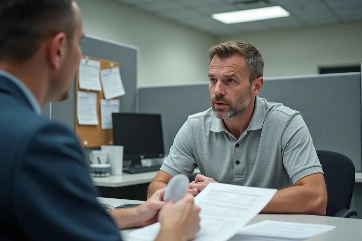 Homme consultant un conseiller administratif pour vérifier ses droits à la carte VTC par équivalence