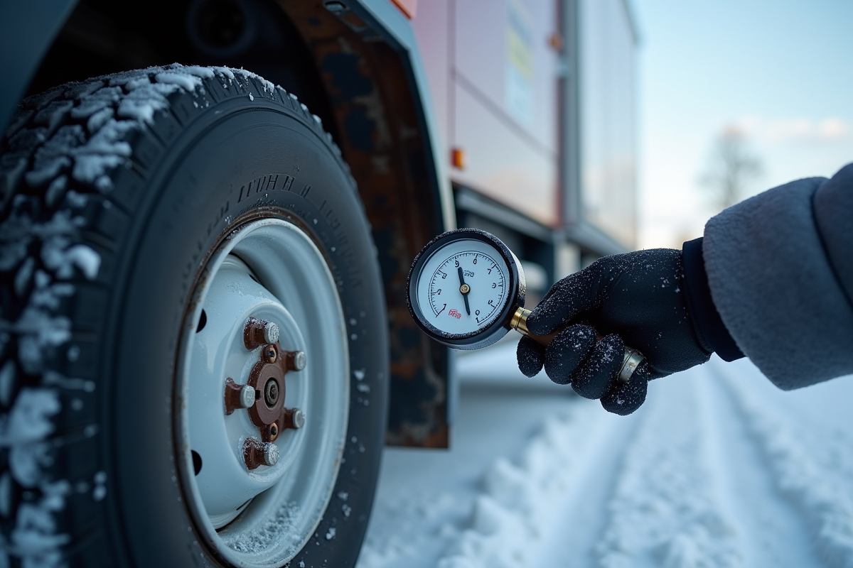 Main gantée utilisant un manomètre pour vérifier la pression des pneus en hiver