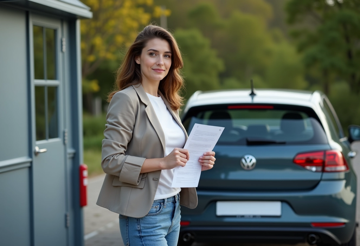 Jeune femme présente son document de contrôle technique à un agent