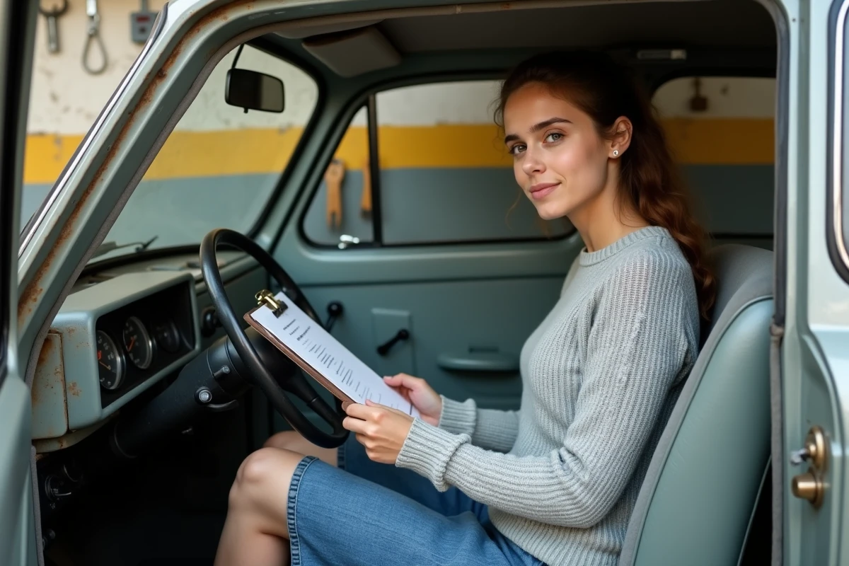 Jeune femme vérifiant une checklist dans la voiture
