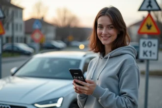 Femme consultant une application de conversion mph en km/h sur smartphone à côté d'une voiture de location en Europe