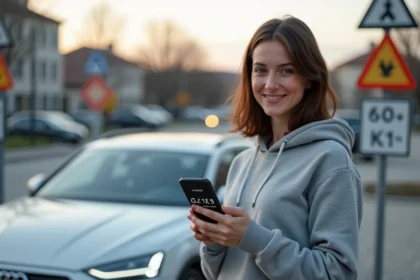 Femme consultant une application de conversion mph en km/h sur smartphone à côté d'une voiture de location en Europe