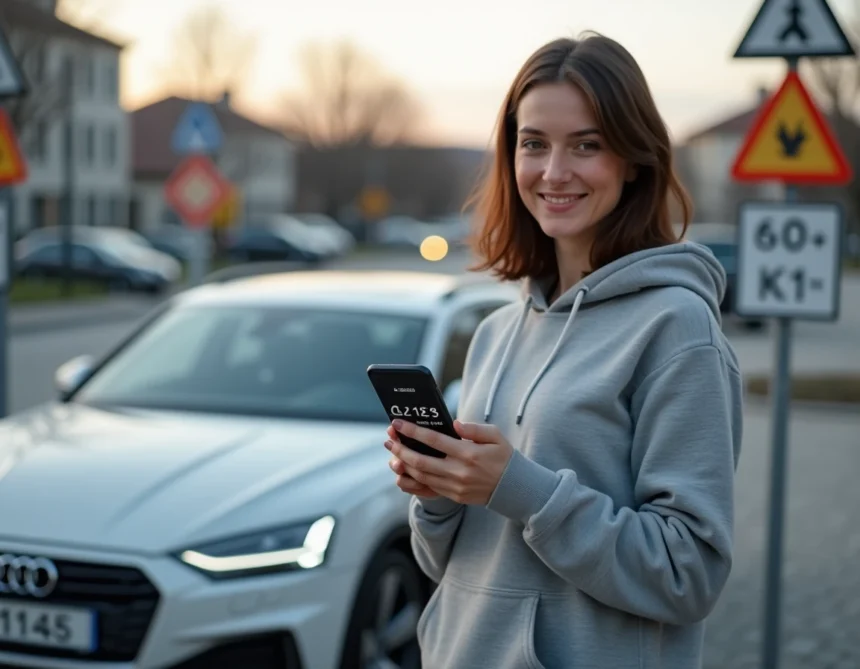 Femme consultant une application de conversion mph en km/h sur smartphone à côté d'une voiture de location en Europe
