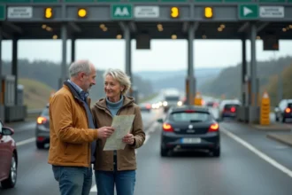 Couple français devant un péage autoroute avec voiture