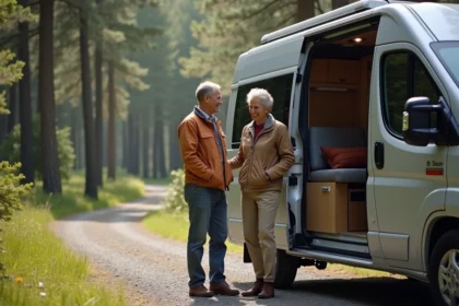 Couple souriant devant van moderne en forêt