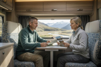 Couple en voyage dans un van moderne à l'intérieur