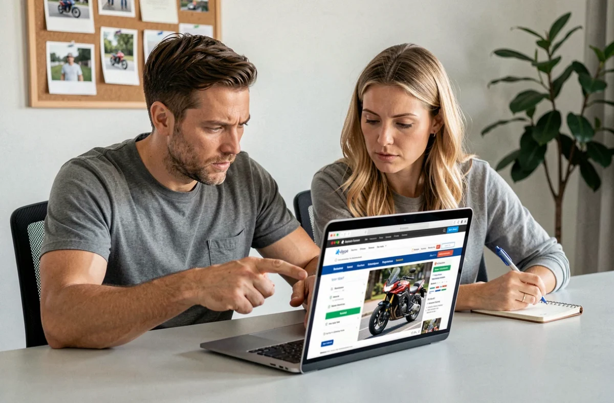 Couple comparant des offres d'assurance moto en ligne sur ordinateur portable dans un bureau à domicile pour trouver la meilleure promotion