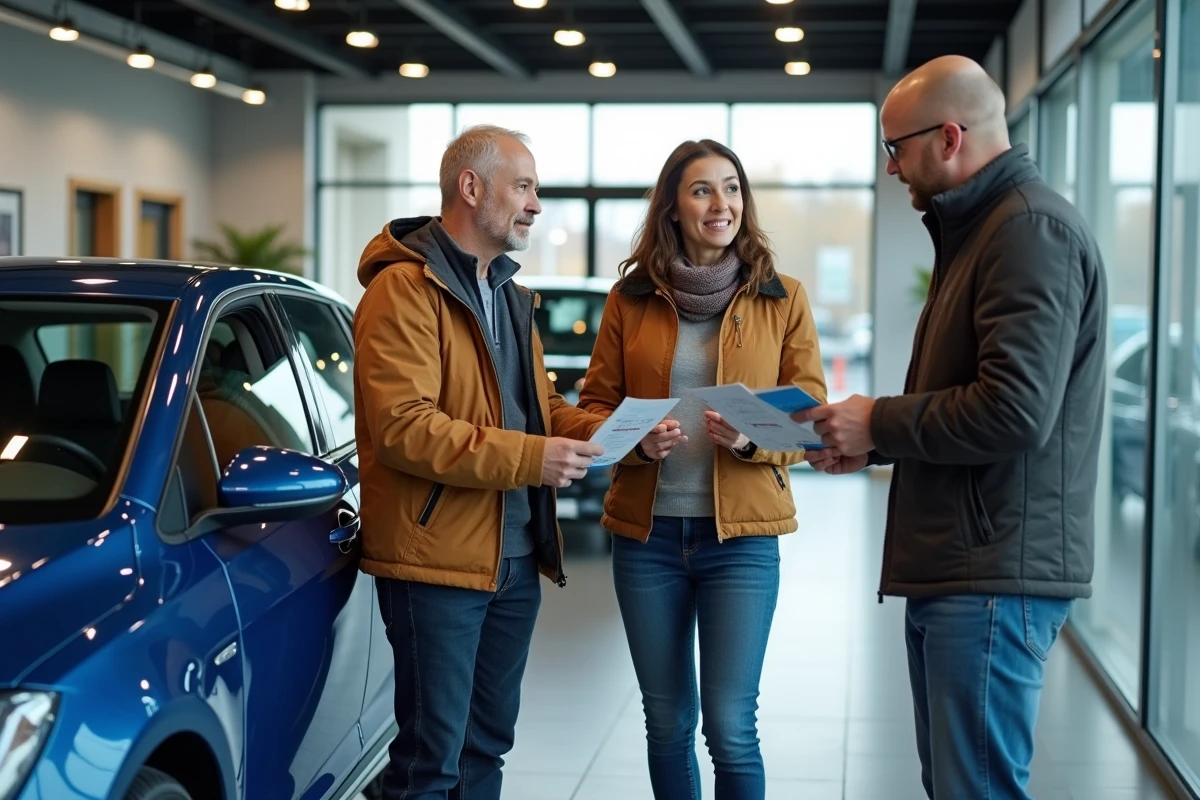 Couple discutant des prix avec un conseiller dans un showroom de voitures d'occasion Aramisauto