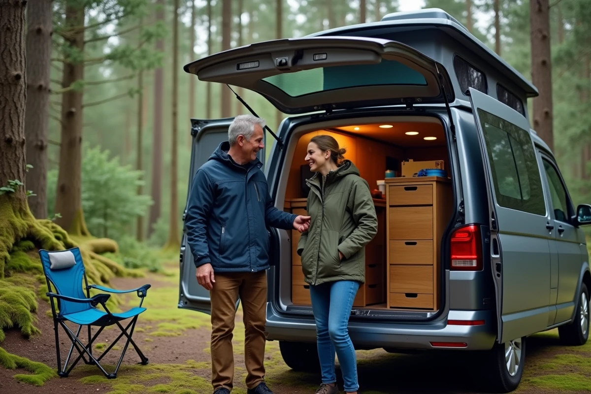 Couple souriant inspectant un van aménagé en pleine nature