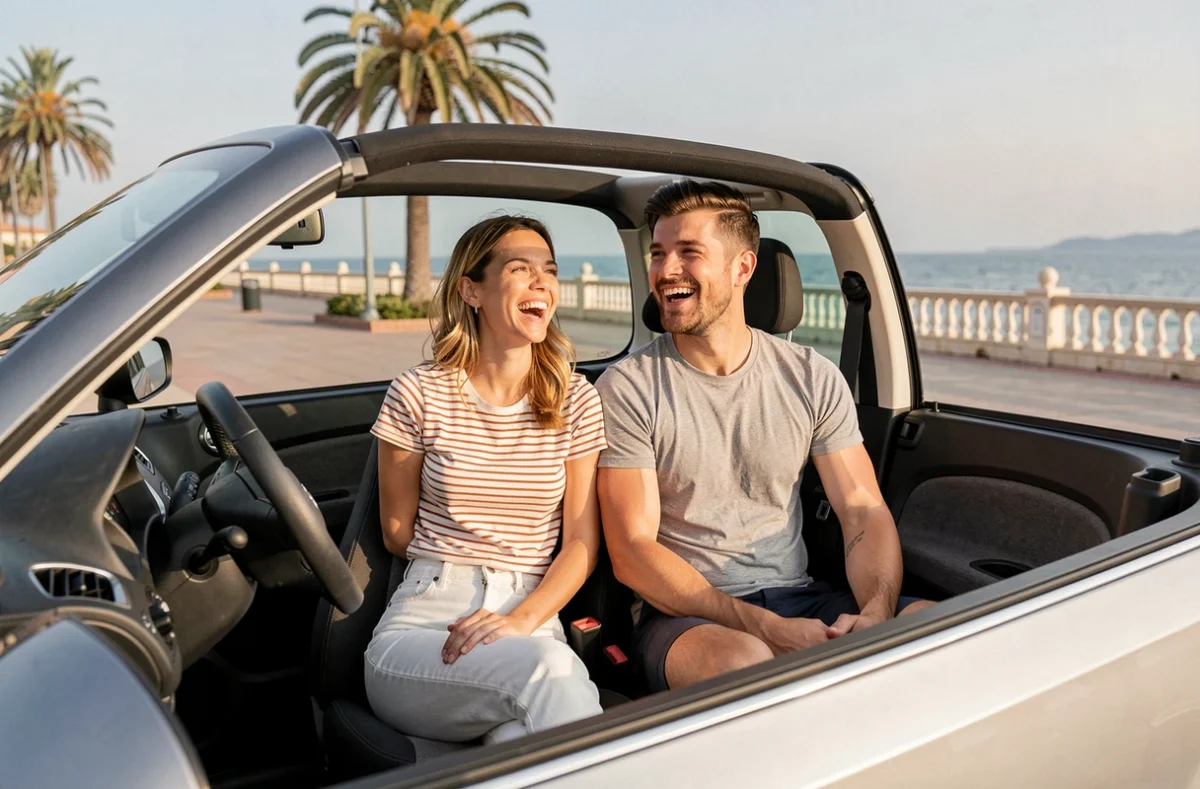 Jeune couple souriant à bord d'une voiture sans permis cabriolet sur une promenade en bord de mer