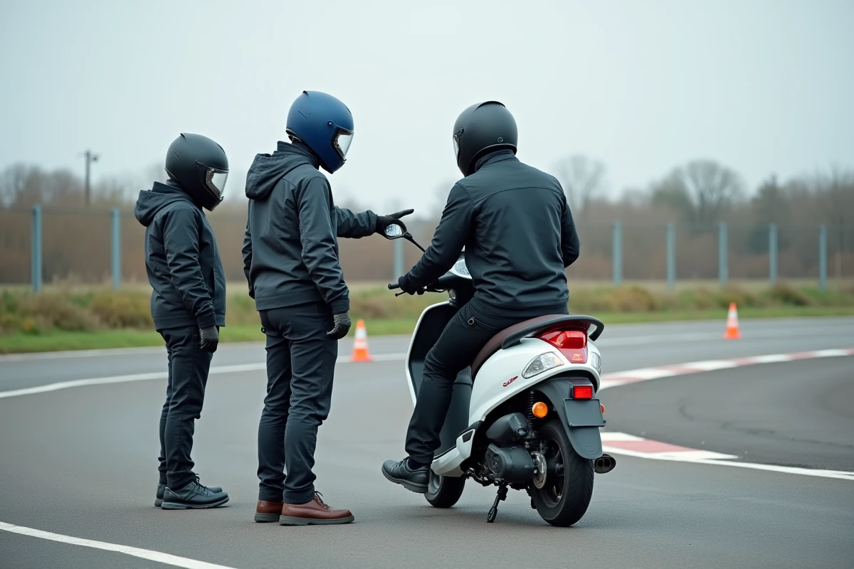 Instructeur expliquant les erreurs de sécurité à éviter sur un scooter 125cc lors d'un cours de conduite