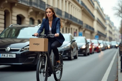Coursière à vélo cargo électrique traversant un embouteillage parisien sur un boulevard haussmannien