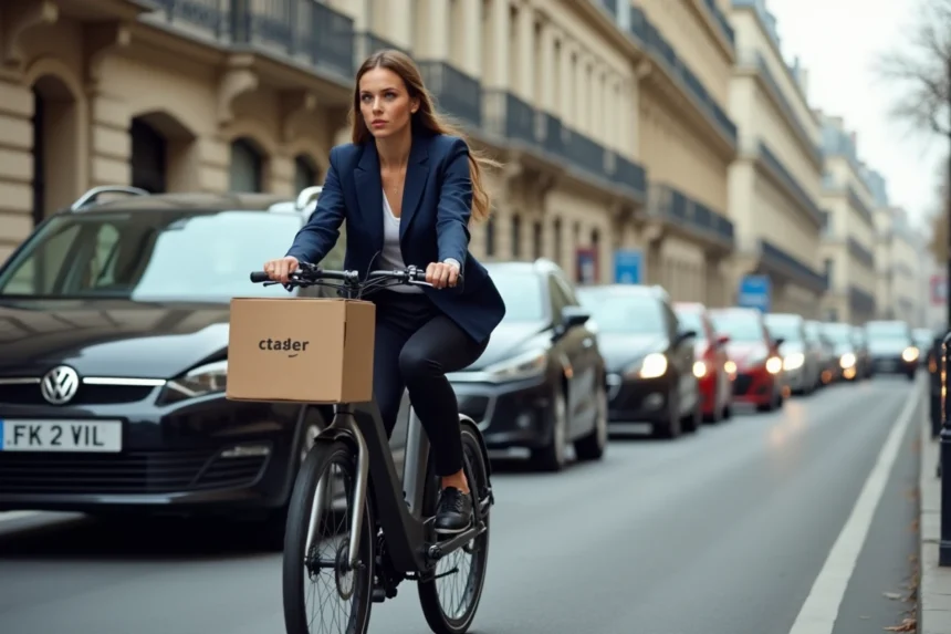 Coursière à vélo cargo électrique traversant un embouteillage parisien sur un boulevard haussmannien