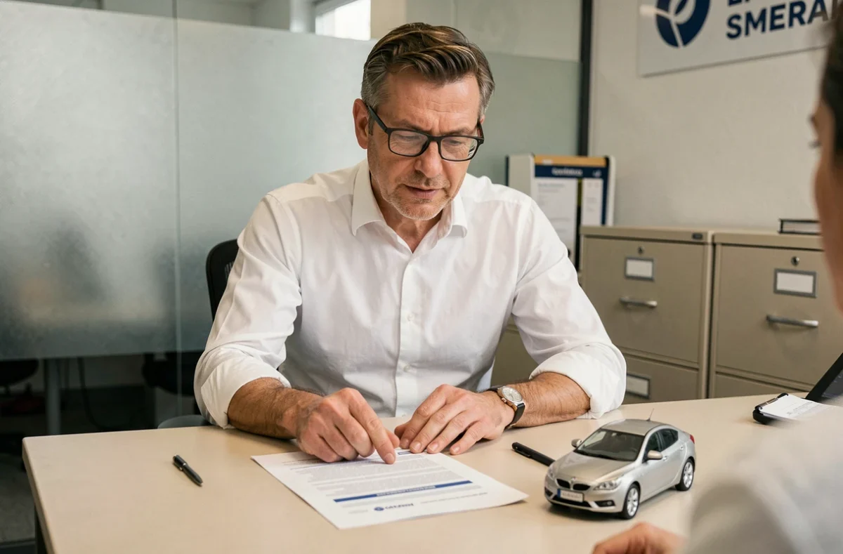 Courtier en assurance présentant des solutions de contrat à un client en situation de mauvais payeur dans un bureau professionnel