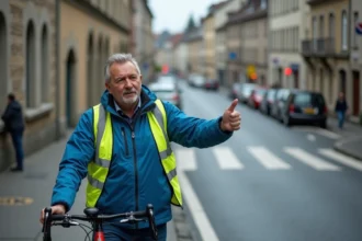 Cycliste urbain à Chambéry gesticulant près de son vélo