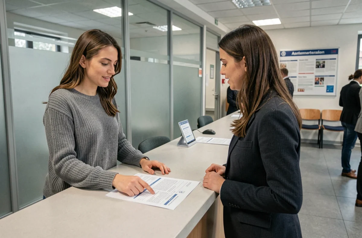 Femme demandant de l'aide à un guichet de préfecture pour récupérer son numéro NEPH perdu