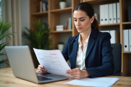 Femme professionnelle examinant des documents administratifs pour une demande de VTC par équivalence