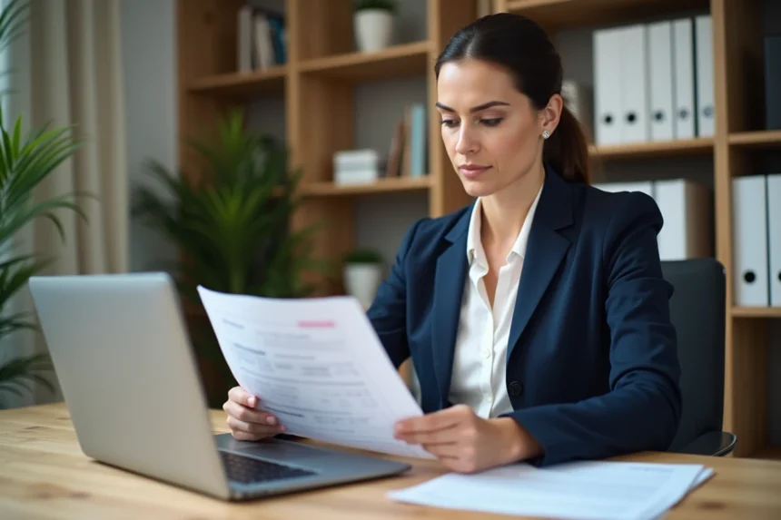 Femme professionnelle examinant des documents administratifs pour une demande de VTC par équivalence