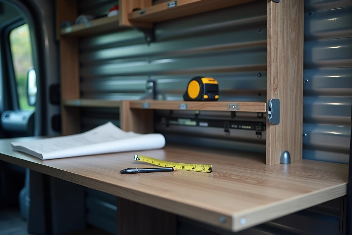 Détail de l'assemblage d'un bureau rabattable et d'une colonne de rangement sur mesure à l'intérieur d'un utilitaire Renault Master aménagé