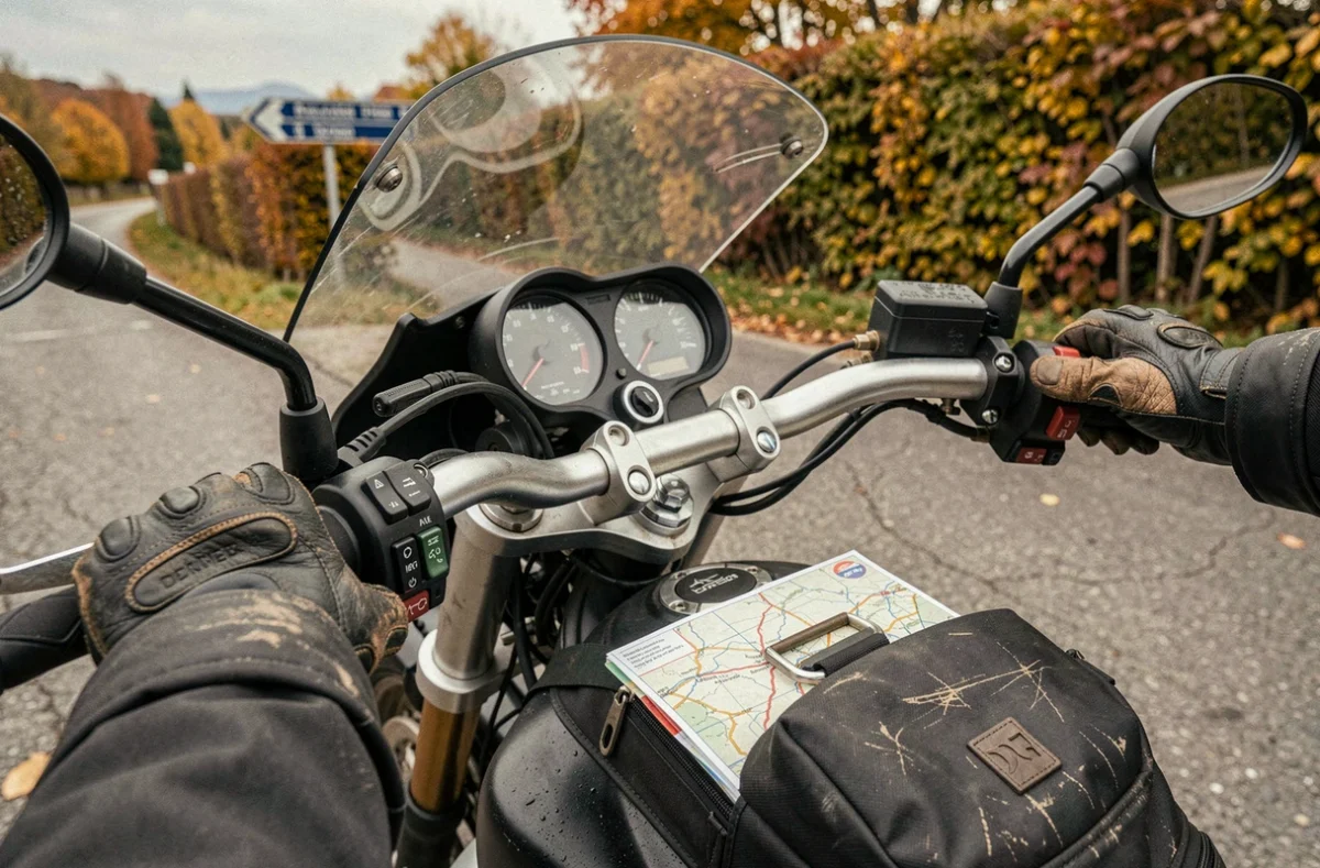 Gros plan sur les mains gantées d'un motard et le guidon d'une moto sur la route de Thonon en automne