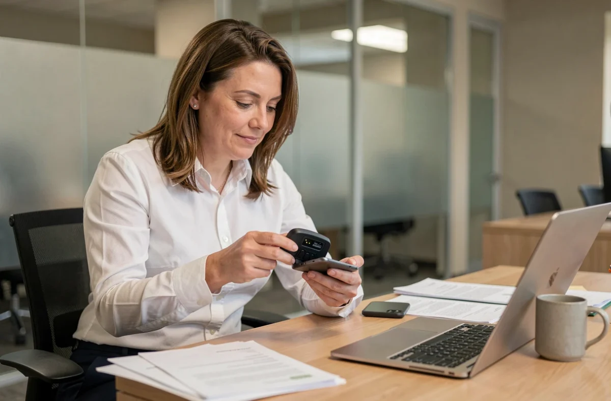 Femme vérifiant la présence d'un mouchard GSM sur son smartphone avec un détecteur électronique au bureau