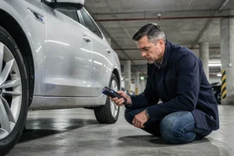 Homme utilisant un détecteur de traceur GPS sous une voiture dans un parking, protégeant sa vie privée