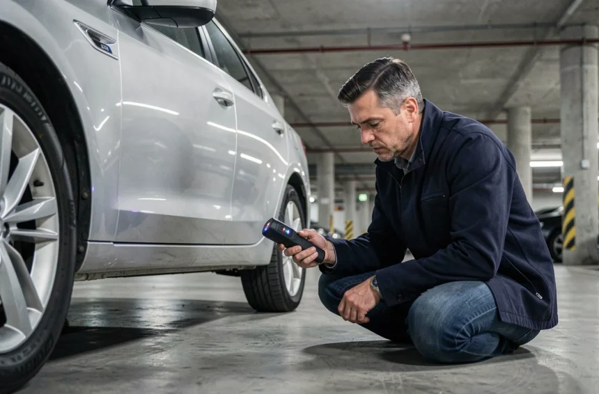 Homme utilisant un détecteur de traceur GPS sous une voiture dans un parking, protégeant sa vie privée