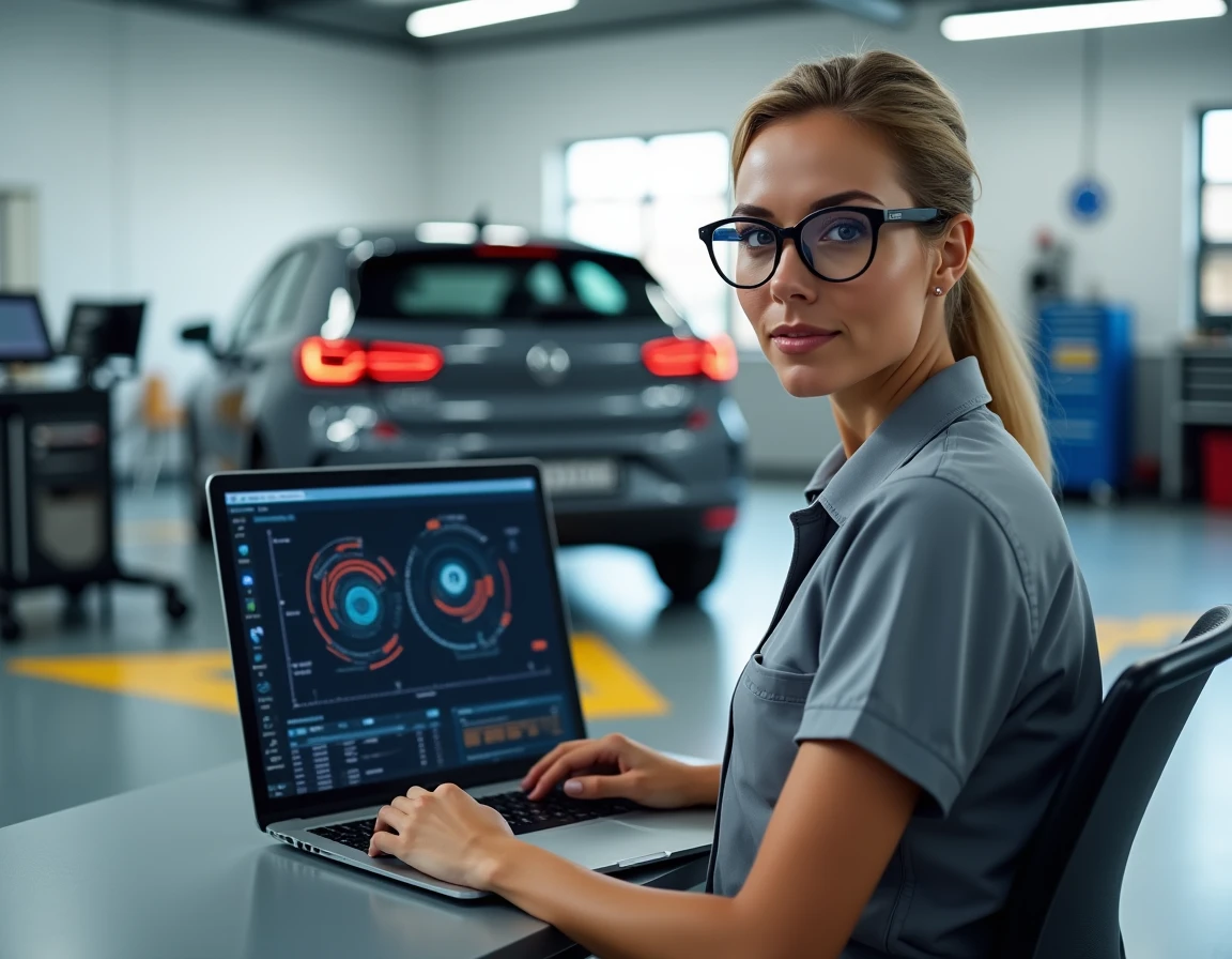 Spécialiste en diagnostic automobile vérifiant les données de calibration des capteurs ADAS sur ordinateur portable dans un garage moderne