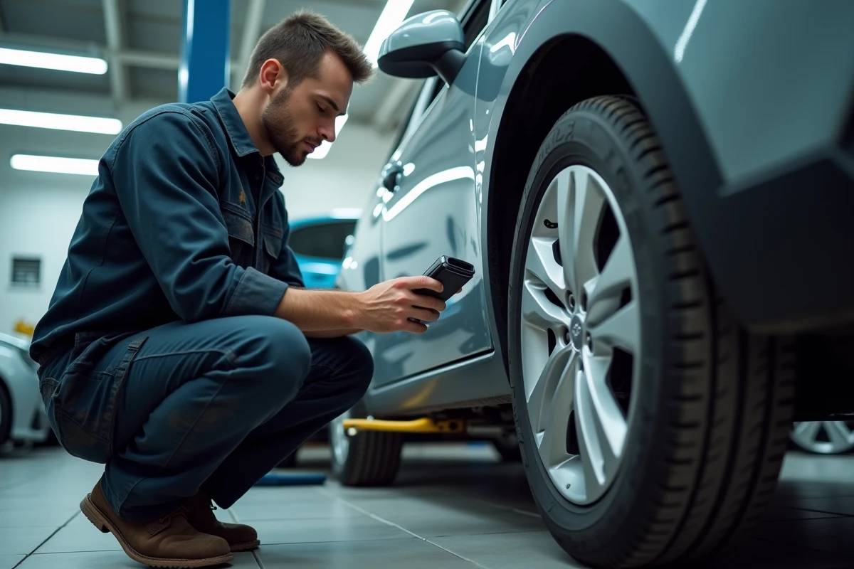 Technicien automobile diagnostiquant une voiture équipée du moteur 1.6 TDI avec un scanner OBD2, dans le contexte du scandale des émissions dieselgate