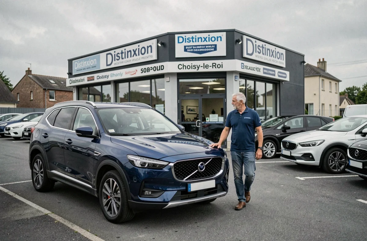 Parvis du concessionnaire Distinxion à Choisy-le-Roi avec un conseiller faisant visiter un SUV d'occasion à un client