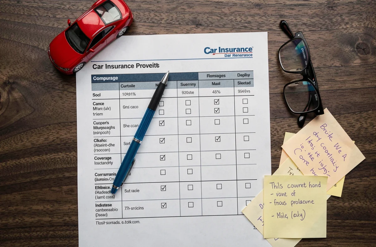 Vue du dessus d'un bureau avec des documents d'assurance auto, un stylo et une voiture miniature