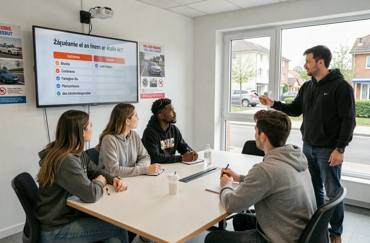 Des élèves de Driving School News Generation dans le Val-de-Marne suivant un cours de code de la route sur écran interactif avec leur moniteur