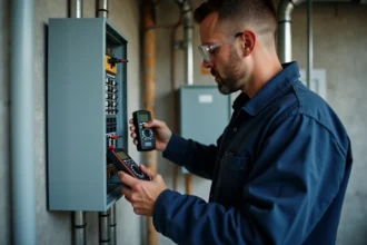 Électricien professionnel vérifiant un tableau électrique résidentiel avec un multimètre numérique pour contrôler la charge électrique