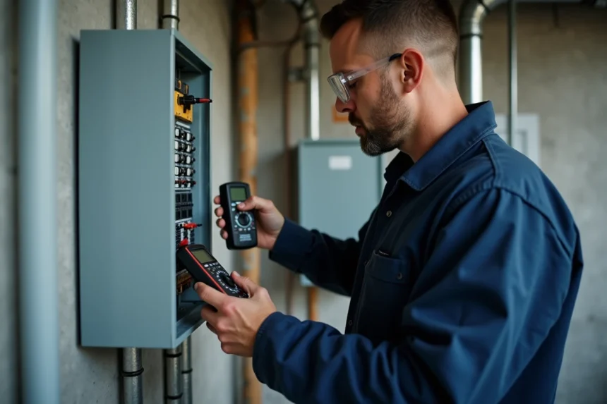 Électricien professionnel vérifiant un tableau électrique résidentiel avec un multimètre numérique pour contrôler la charge électrique