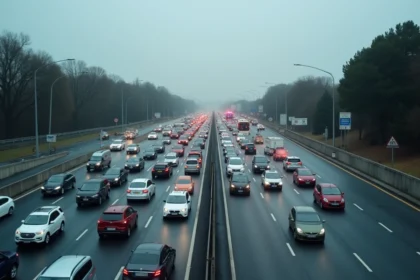 Embouteillage sur le périphérique de Toulouse après un accident, vue aérienne depuis un pont autoroutier