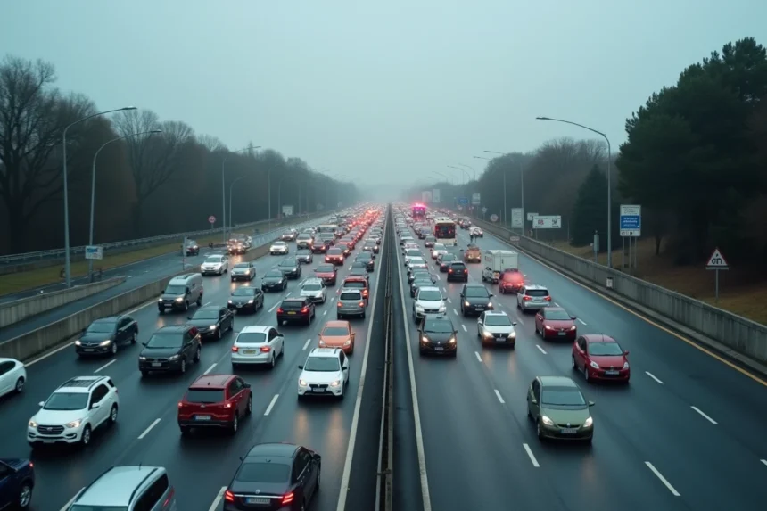 Embouteillage sur le périphérique de Toulouse après un accident, vue aérienne depuis un pont autoroutier