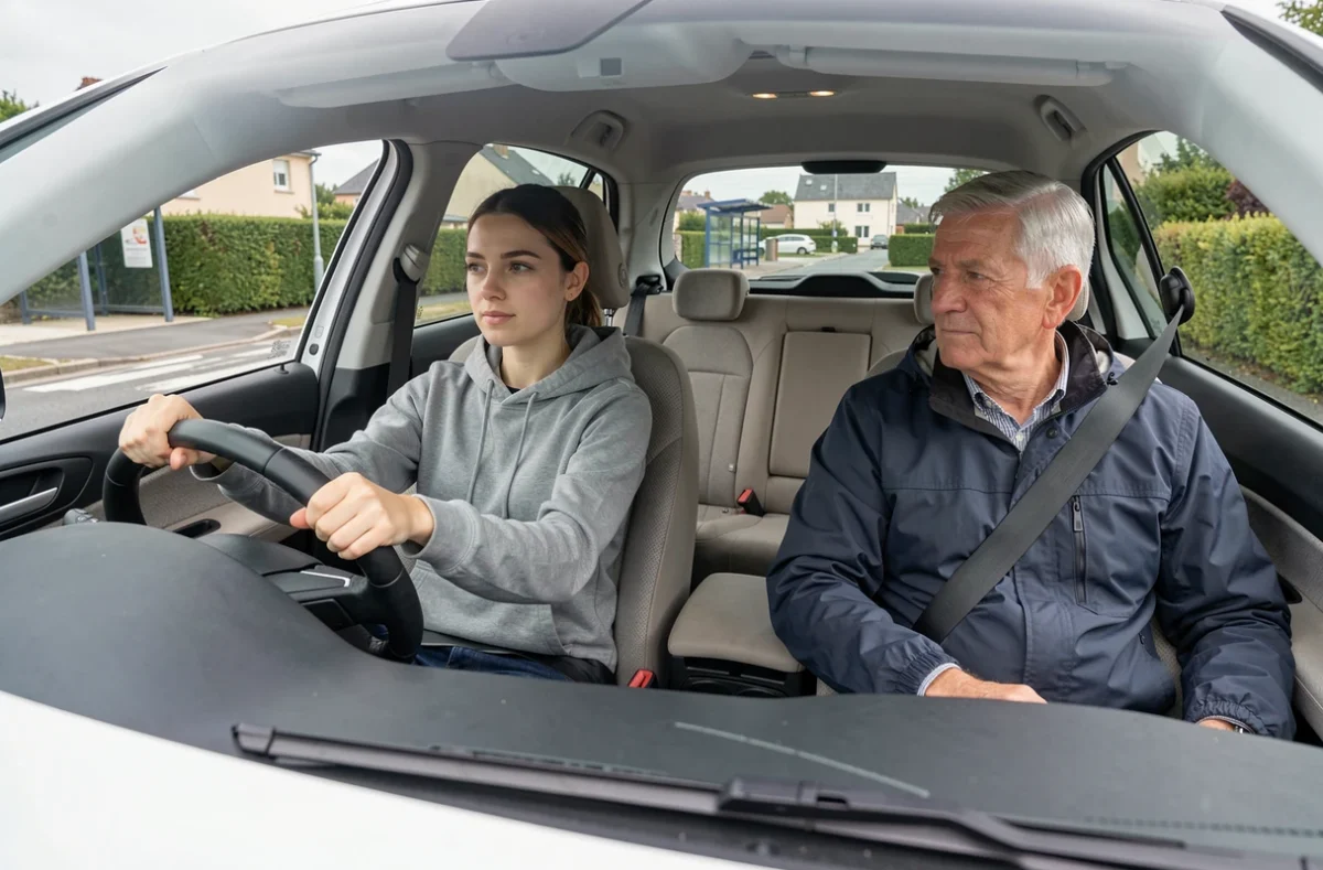 Une élève de l'auto-école En Plein Permis Boissy à Boissy-Saint-Léger au volant d'une voiture double commande sous la supervision de son moniteur