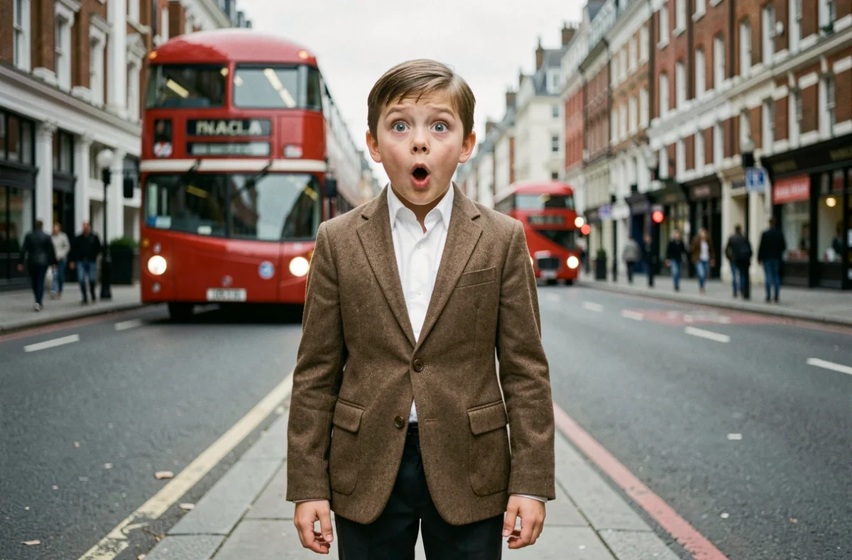 Enfant déguisé en Mini Mr. Bean dans une rue de Londres avec bus rouge britannique en arrière-plan flou
