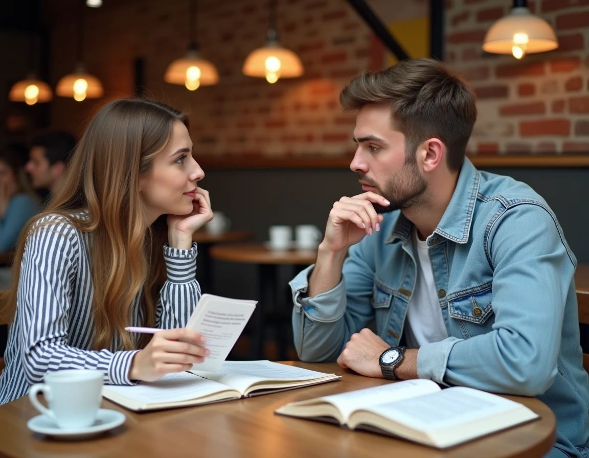 Deux étudiants s'entraînant mutuellement sur les questions du code de la route avec des fiches dans un café