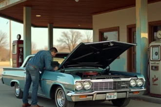 Homme inspectant le moteur d'une Chevrolet Impala classique dans une station-service vintage américaine
